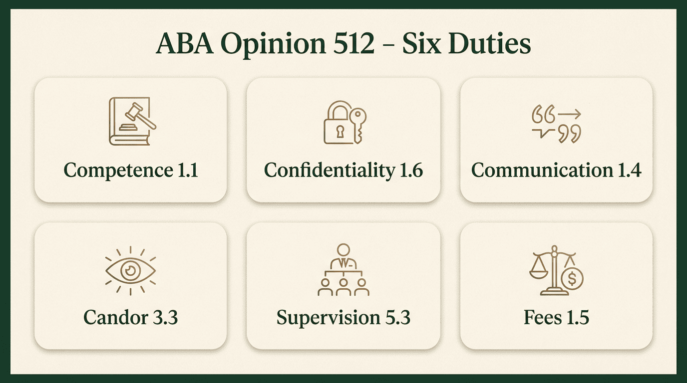 Infographic mapping ABA Formal Opinion 512 to six duties with their Model Rule numbers