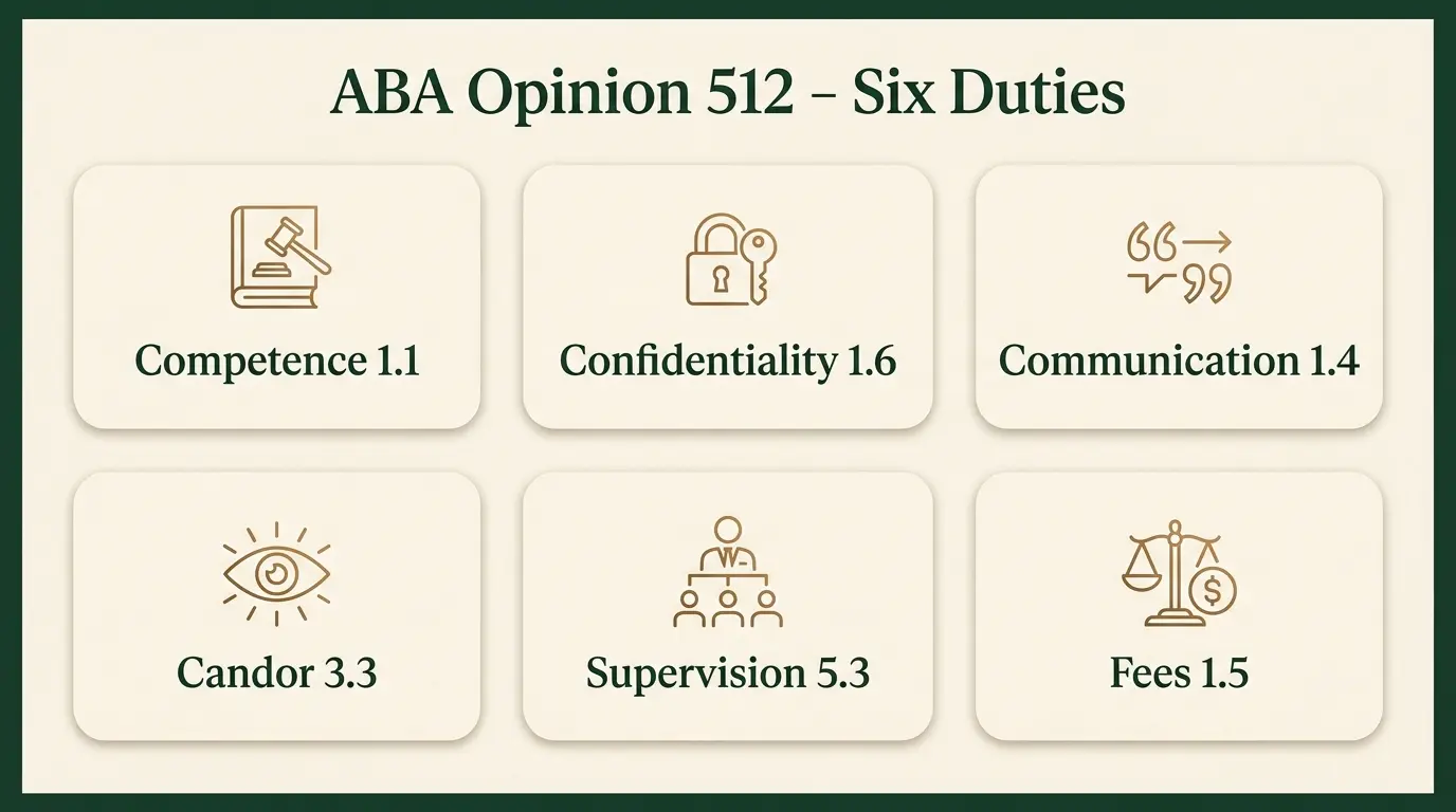 信息图：将 ABA 第 512 号正式意见对应到六项义务及其示范规则编号