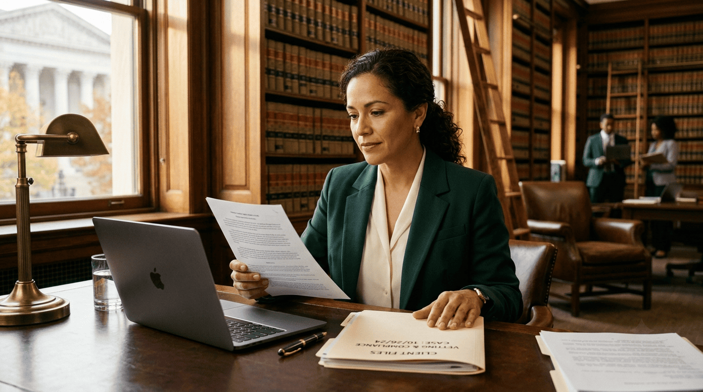 An attorney reviews an AI tool's terms of use before entering confidential client information