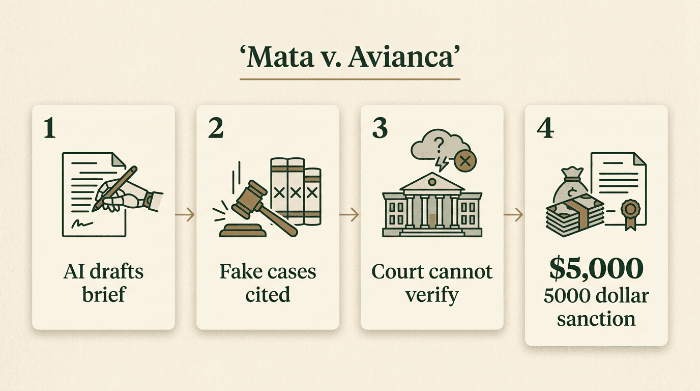 Infographic showing the Mata v. Avianca sequence ending in a $5,000 sanction