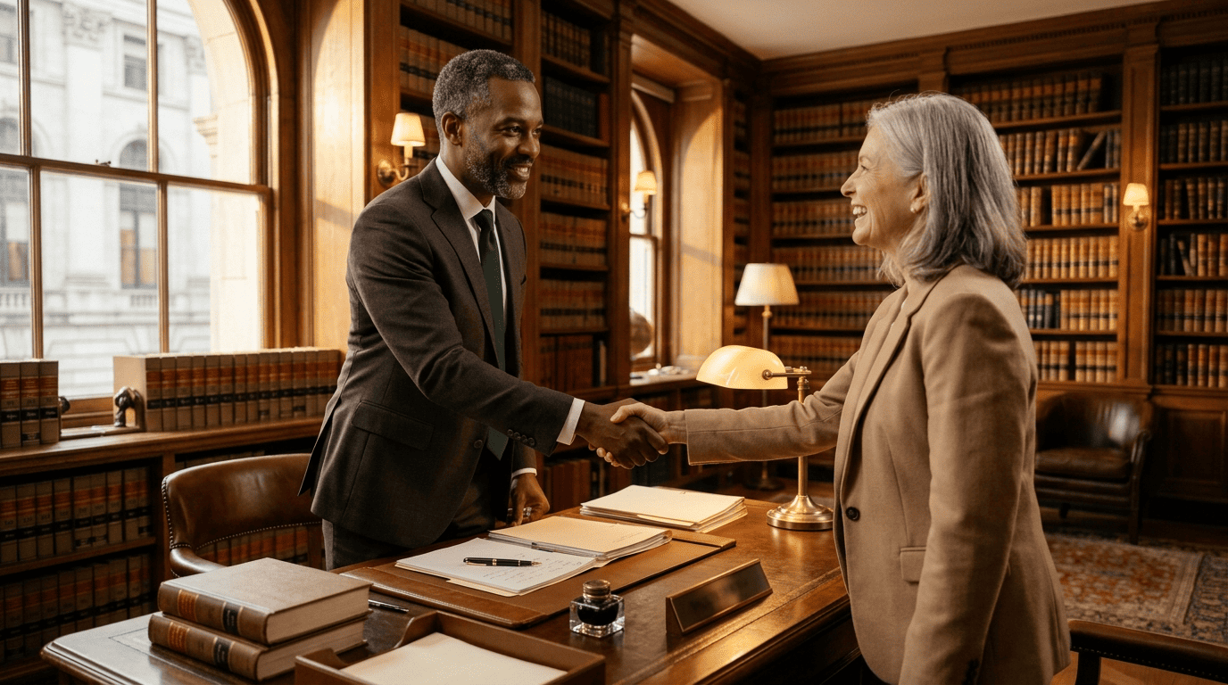 A licensed attorney and client shake hands in a law office