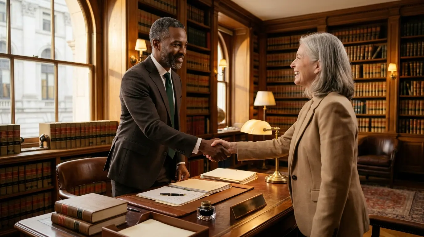 A licensed attorney and client shake hands in a law office