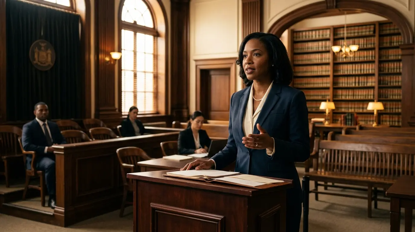 A licensed attorney stands to address the court