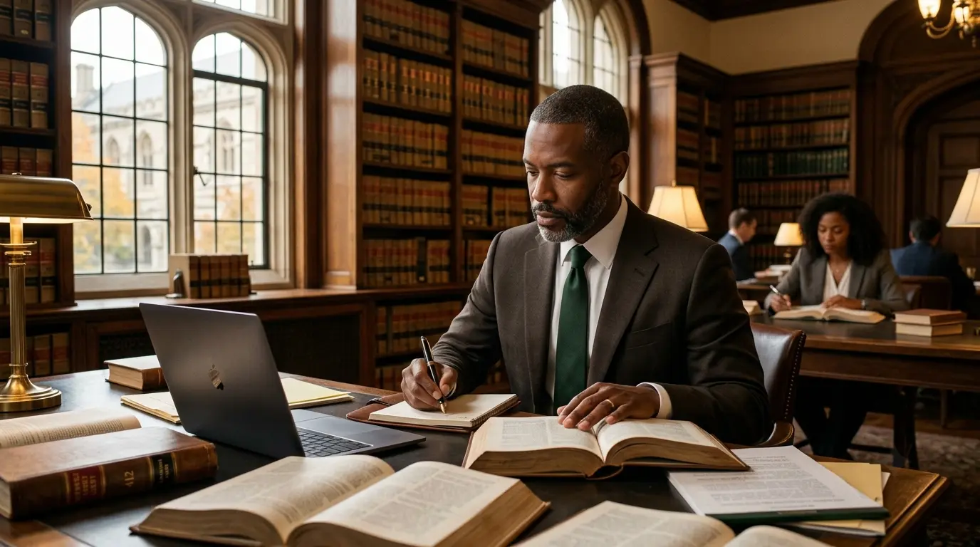 An attorney conducts legal research with books and a laptop