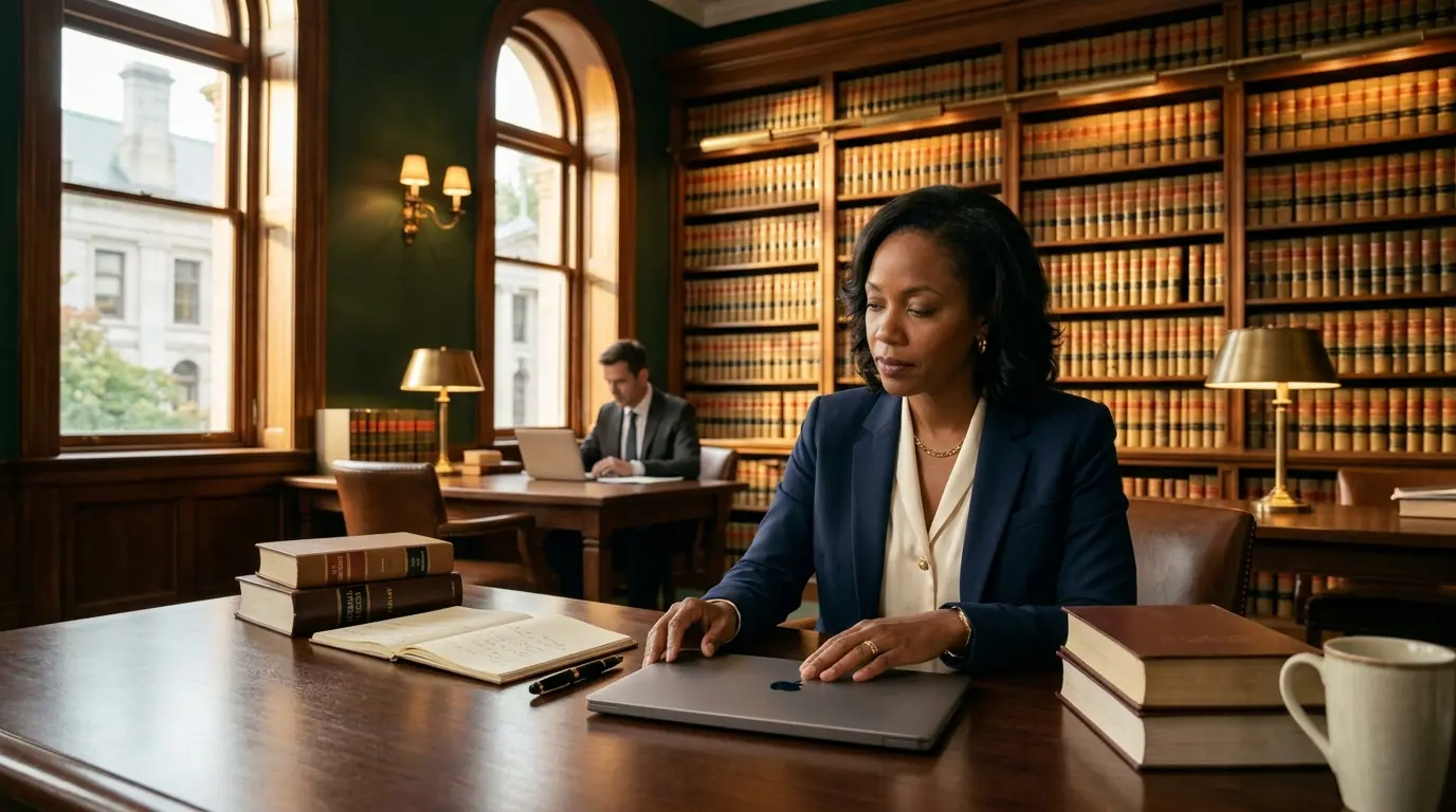 A step-by-step safe AI legal research workflow at a desk