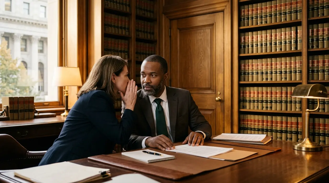 A confidential attorney-client conversation in a private office