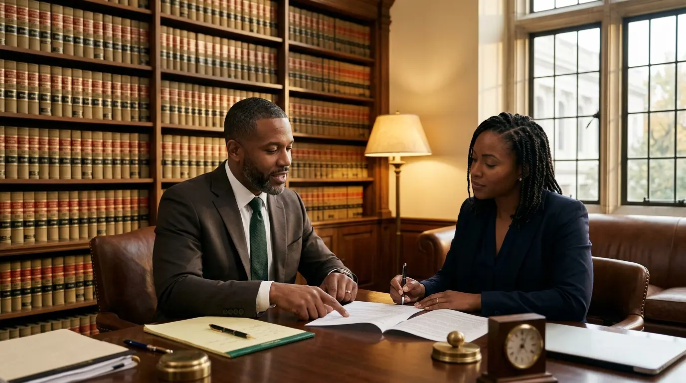 An attorney reviews an informed-consent and data-security document with a client