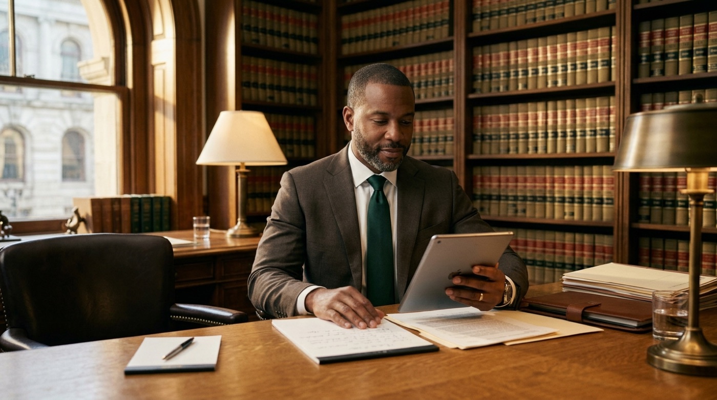 AI attorney assistant reviewing case notes at a law-library desk before a client consultation