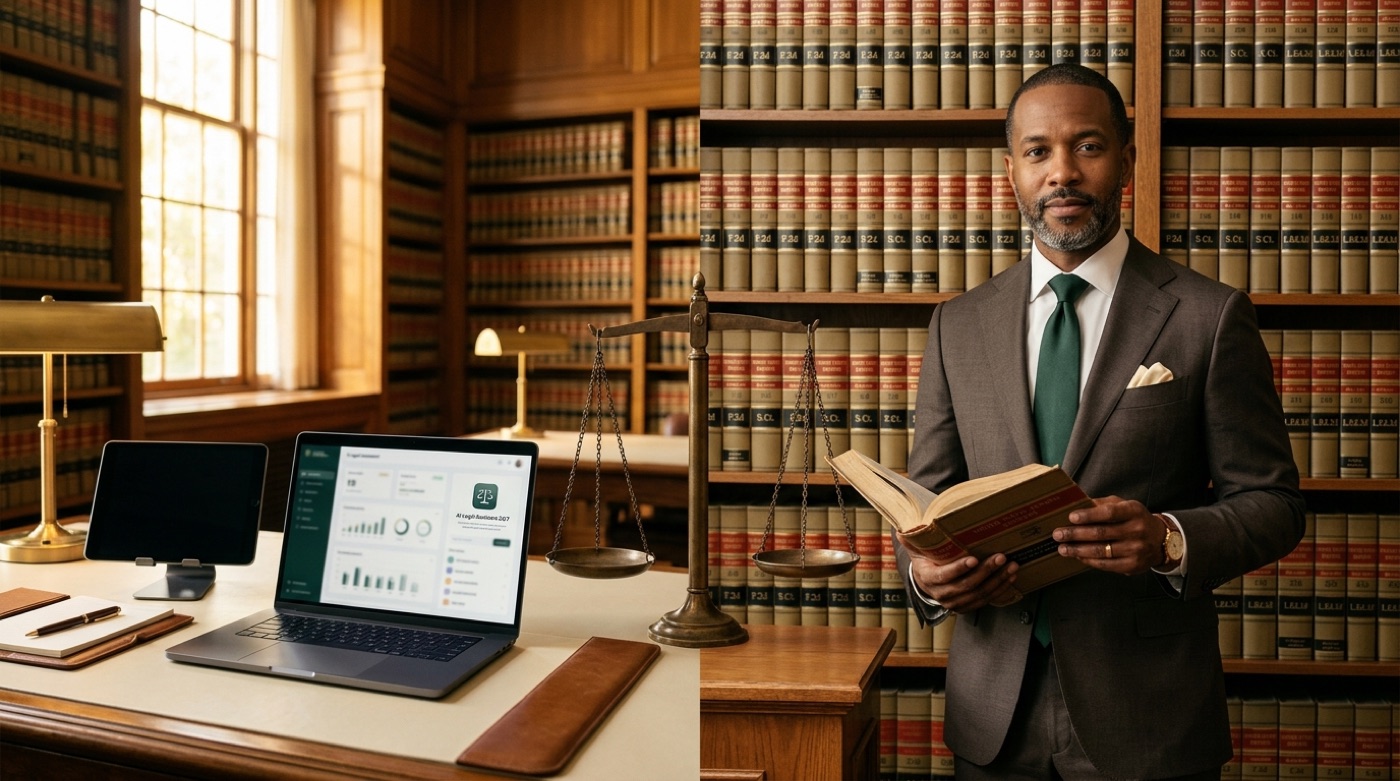 Split scene: an AI legal assistant app on a laptop beside a licensed human attorney holding a case reporter, a balance scale between them