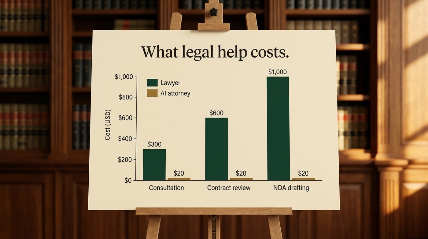 Bar chart poster comparing the cost of a licensed lawyer versus an AI attorney for consultation, contract review, and NDA drafting