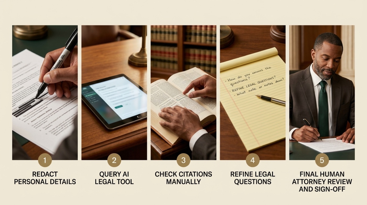Five-step sequence for using an AI attorney safely: redact details, query the tool, check citations, refine questions, get a human review