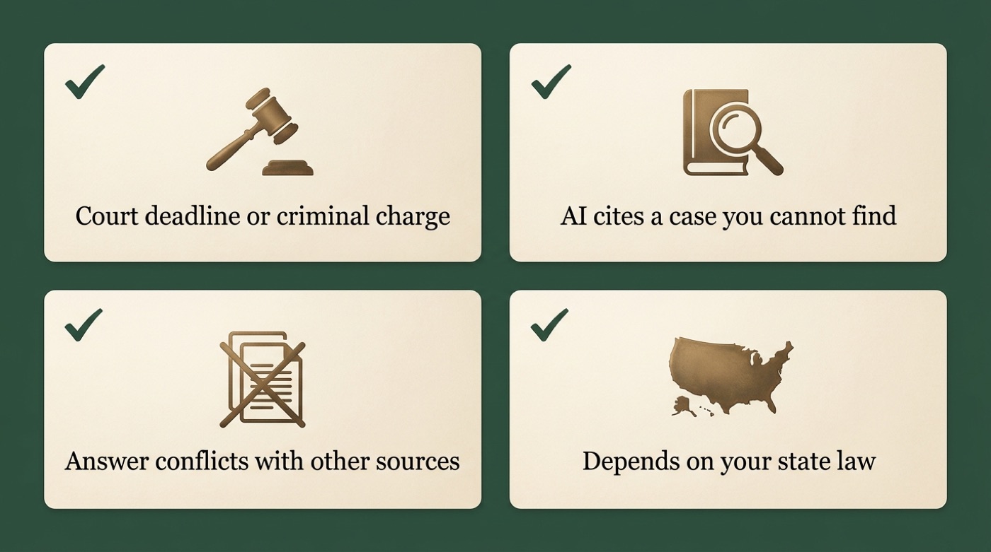Four-card checklist of warning signs that you need a human lawyer instead of an AI attorney
