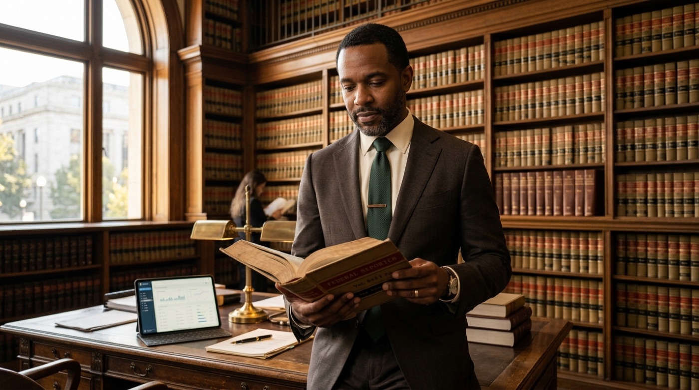 Attorney Marcus reviewing a case reporter beside a tablet, a legal profession augmented by AI rather than replaced by it